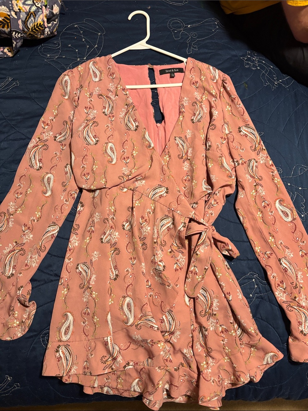 Womens Wrap-Style Paisley Romper Dress - Dusty Rose